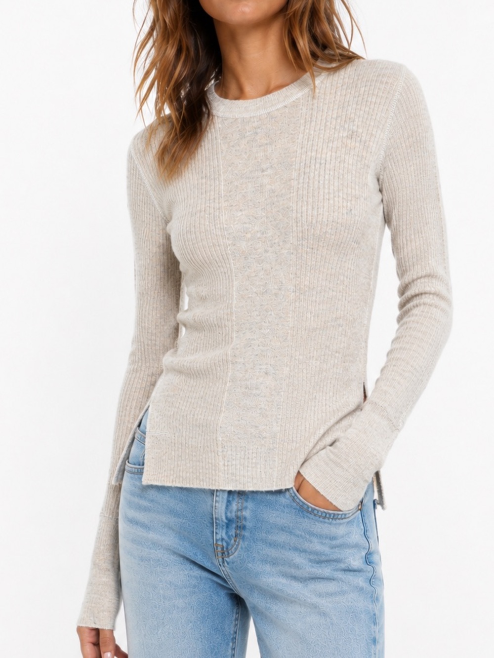 Madewell Light Beige Ribbed Crewneck Long-Sleeve Top Merino Wool